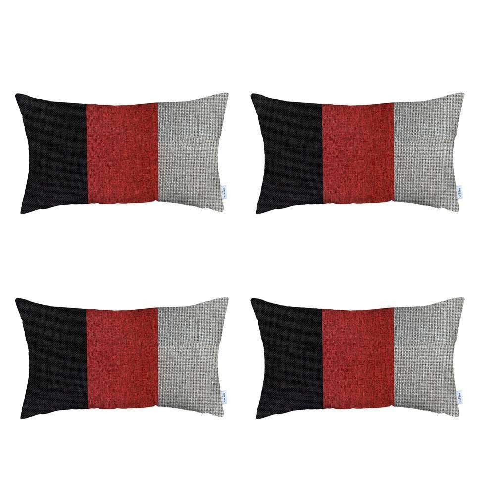 Set Of Four 20" X 12" Black Red And Grey Polyester Geometric Zippered Pillow