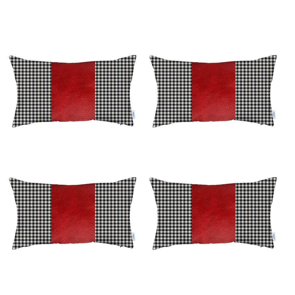 Set Of Four 20" X 12" Black And Red Polyester Houndstooth Zippered Pillow