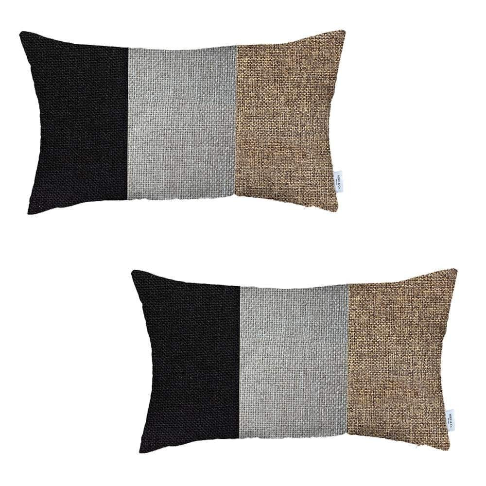 Set Of Two 20" X 12" Black Grey And Brown Polyester Geometric Zippered Pillow