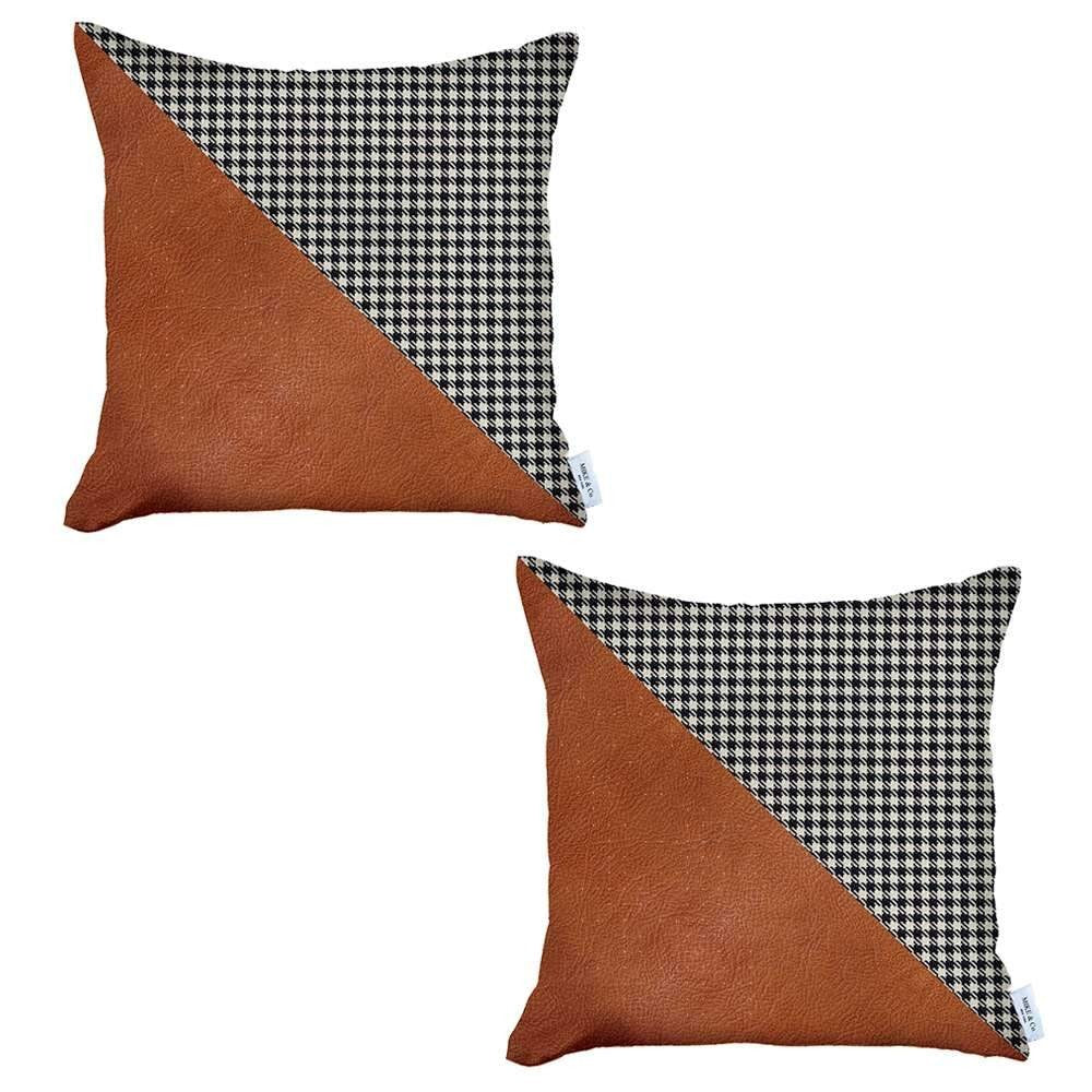 Set Of Two 18" X 18" Brown And Black Polyester Houndstooth Zippered Pillow