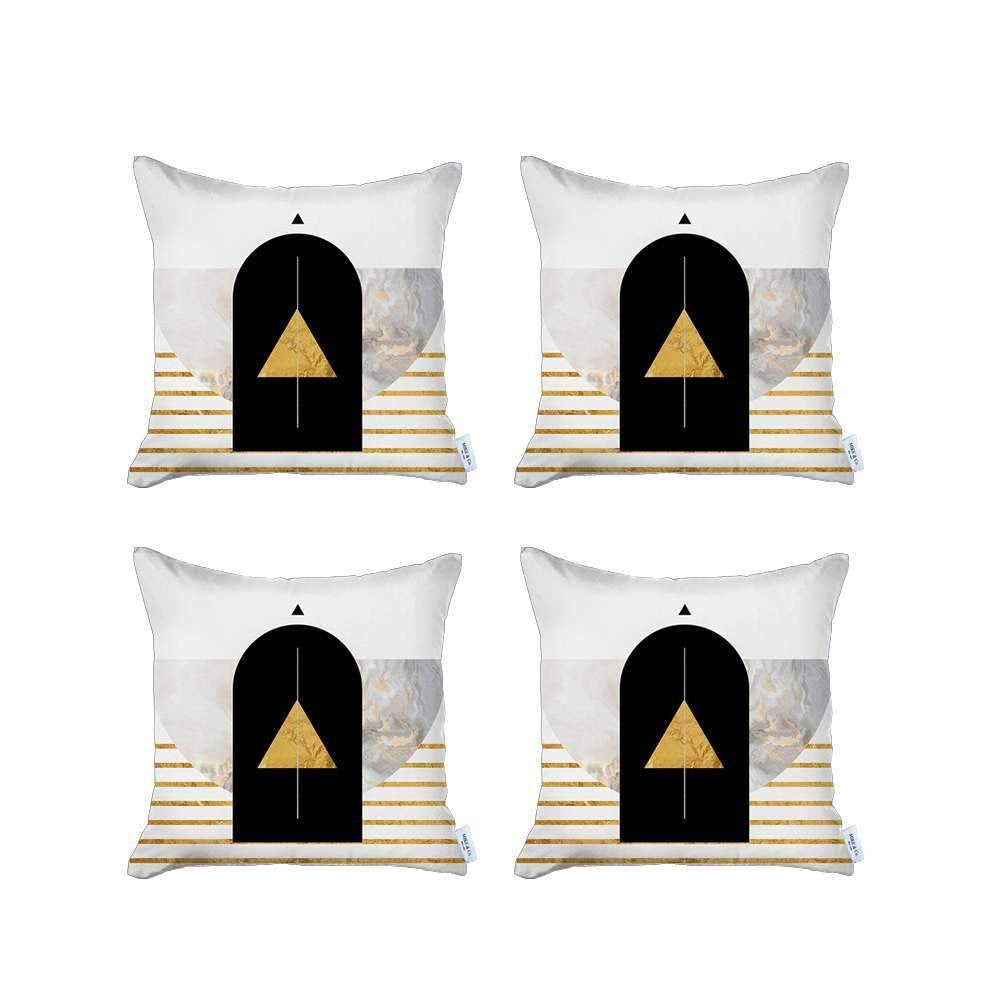 Set Of Four 18" X 18" White Black Gray And Gold Polyester Abstract Zippered Pillow