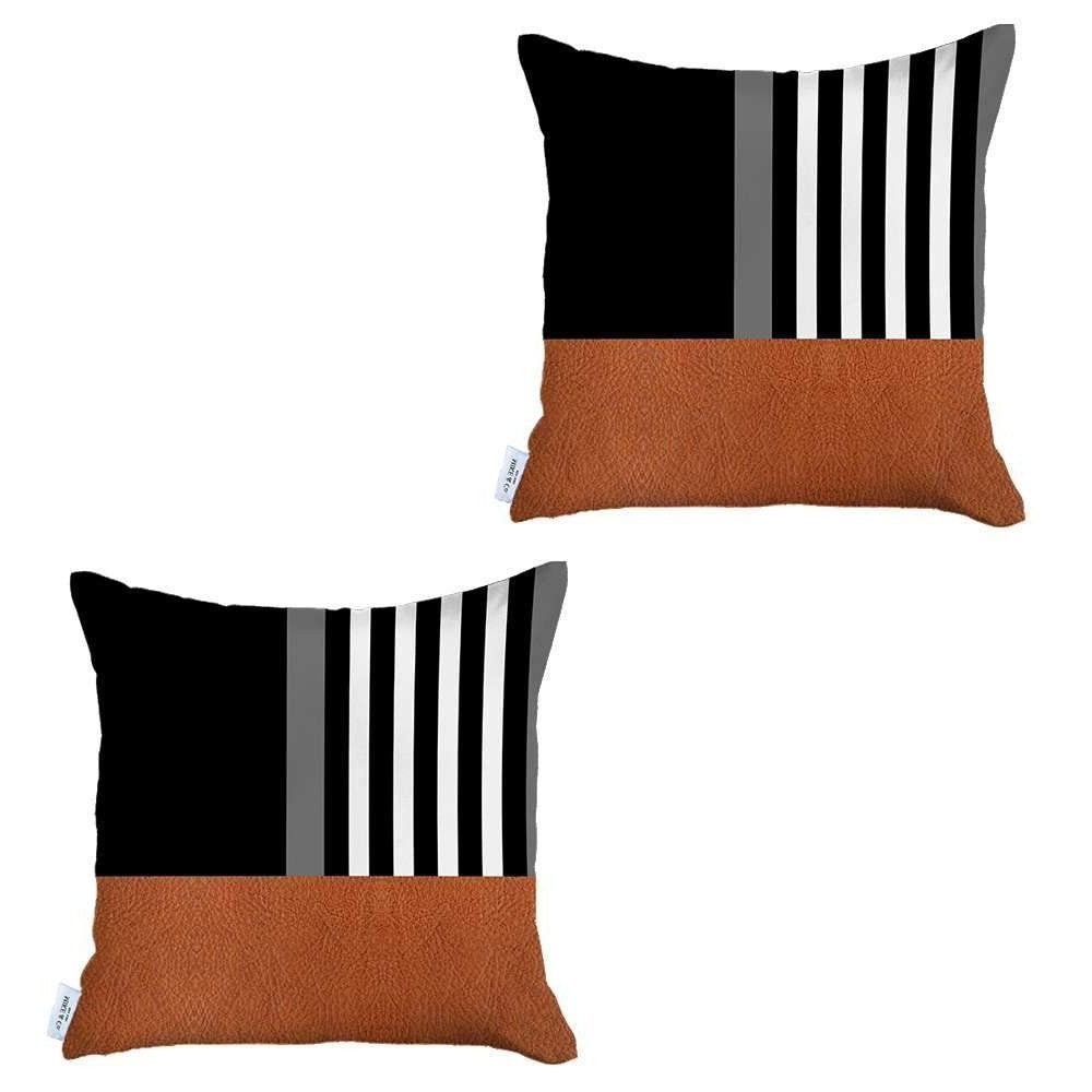 Set Of Two 18" X 18" Brown And Black Polyester Striped Zippered Pillow