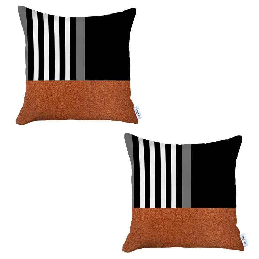 Set Of Two 18" X 18" Brown And Black Polyester Striped Zippered Pillow