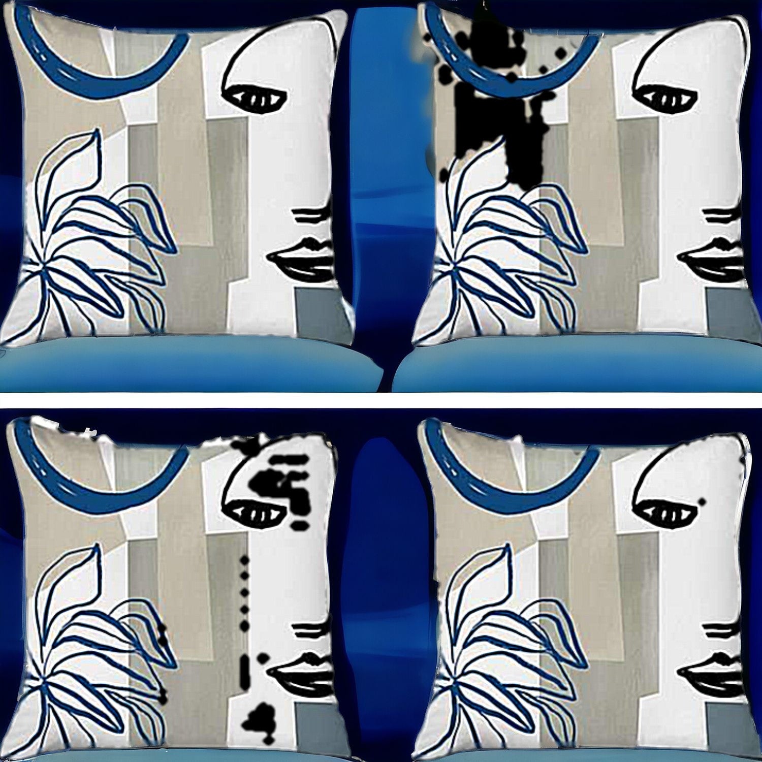 Set Of Four 18" X 18" Blue White Black And Gray Polyester Abstract Zippered Pillow