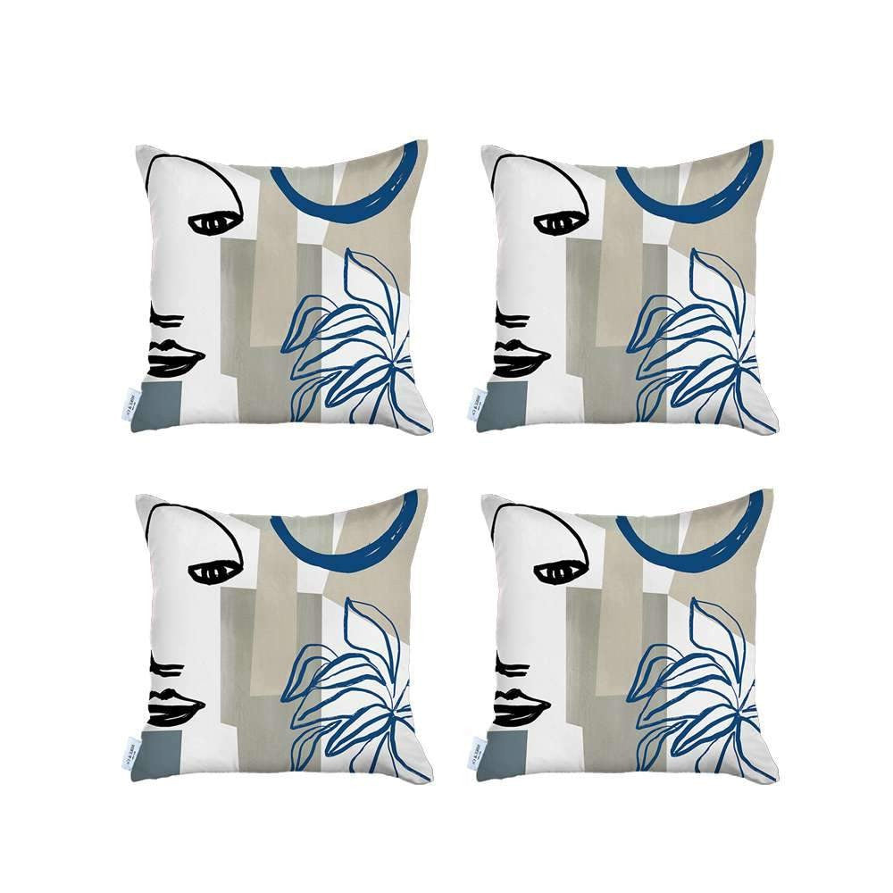 Set Of Four 18" X 18" Blue White Black And Gray Polyester Abstract Zippered Pillow