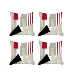 Set Of Four 18" X 18" Gray White Black And Red Polyester Abstract Zippered Pillow