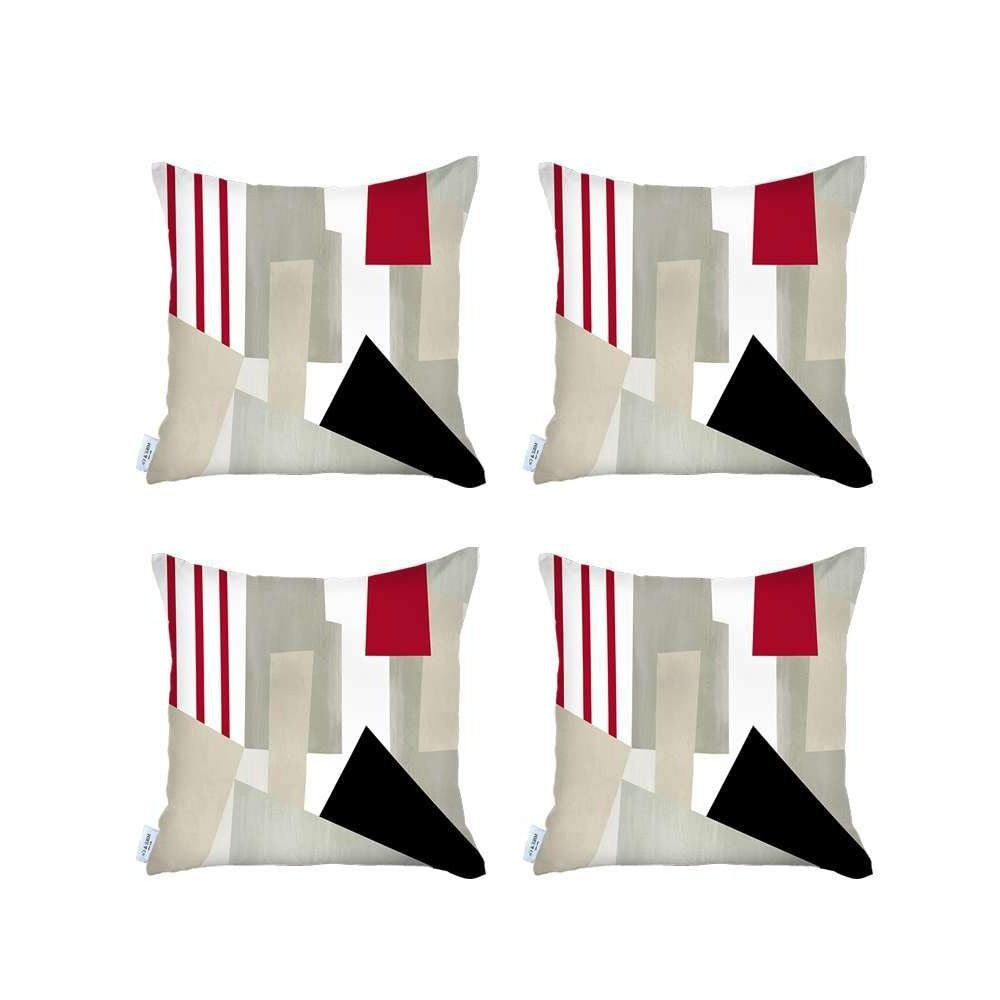 Set Of Four 18" X 18" Gray White Black And Red Polyester Abstract Zippered Pillow