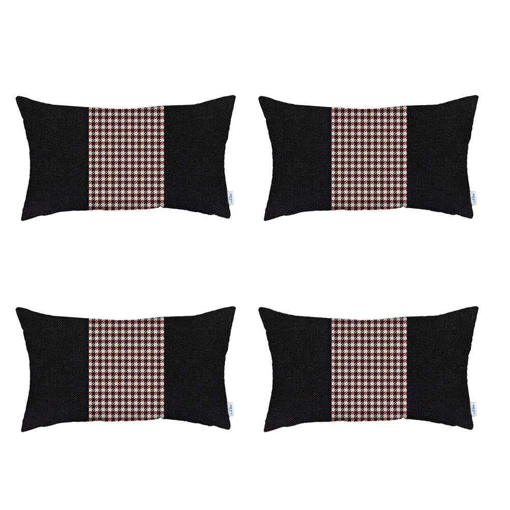 Set Of Four 20" X 12" Black And Red Polyester Houndstooth Zippered Pillow