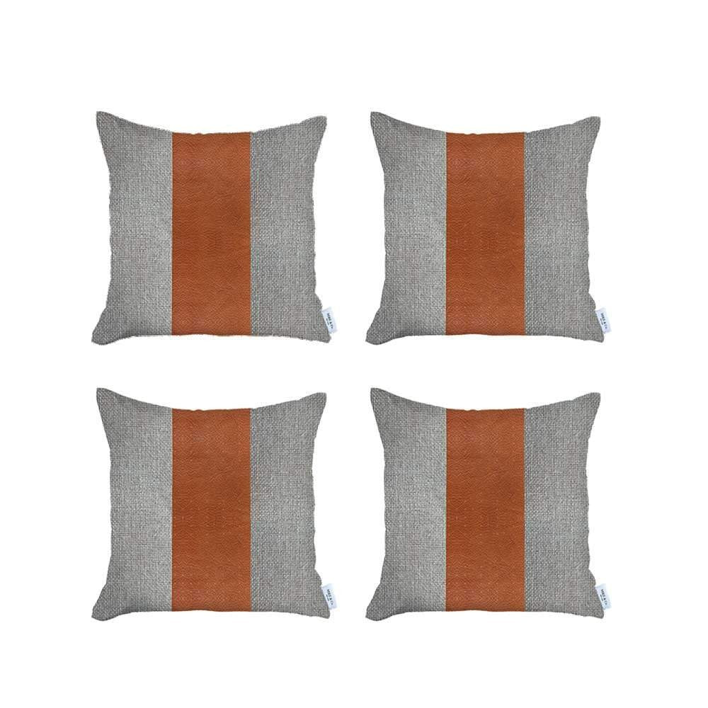 Set Of Four 18" X 18" Grey And Brown Polyester Geometric Zippered Pillow