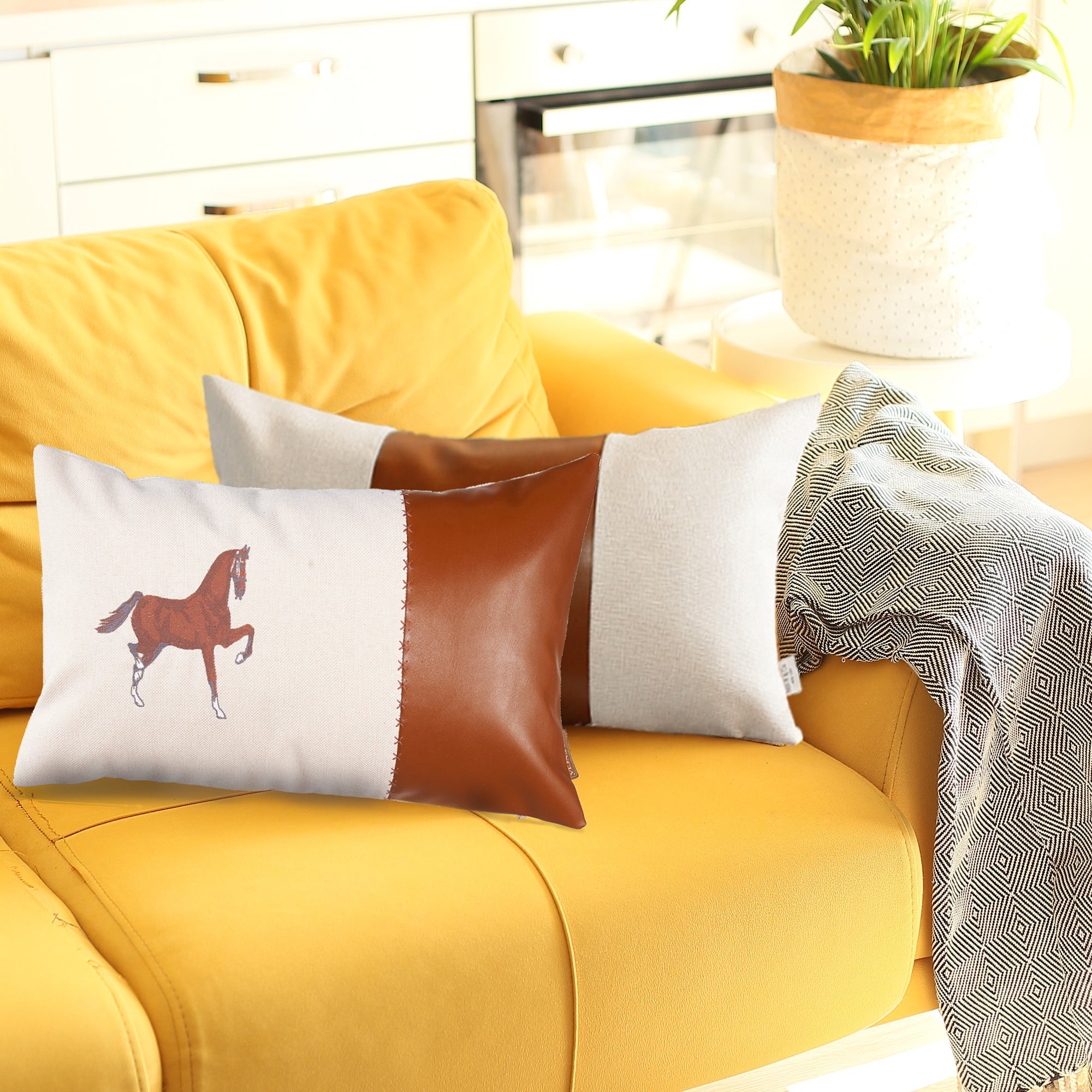 Set Of Two 20" X 12" Beige And Brown Horse Faux Leather Zippered Pillow With Embroidery