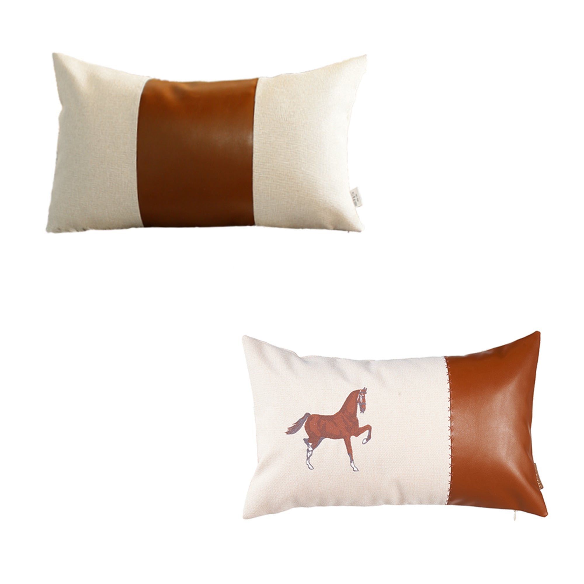 Set Of Two 20" X 12" Beige And Brown Horse Faux Leather Zippered Pillow With Embroidery