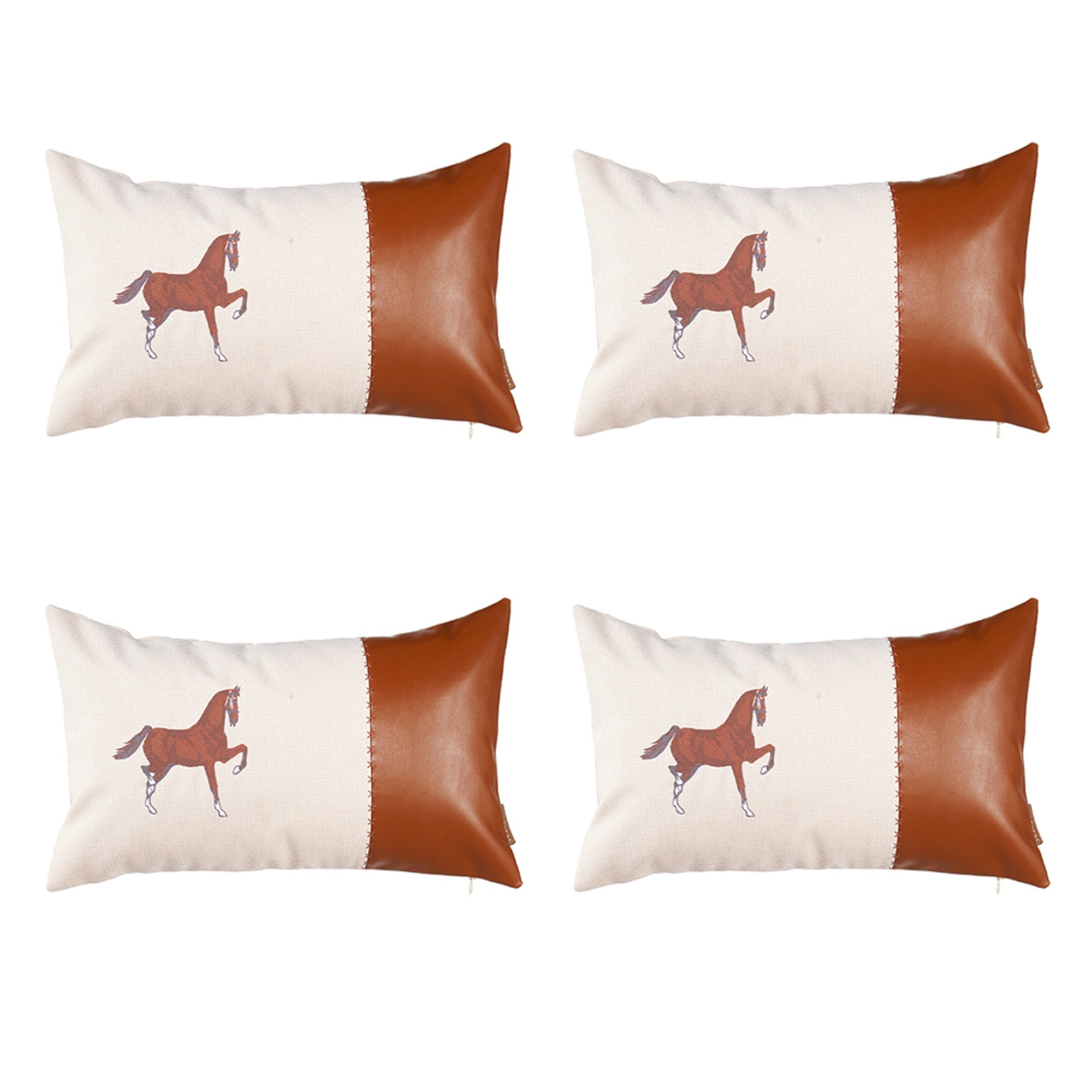 Set Of Four 20" X 12" Beige And Brown Horse Faux Leather Zippered Pillow With Embroidery