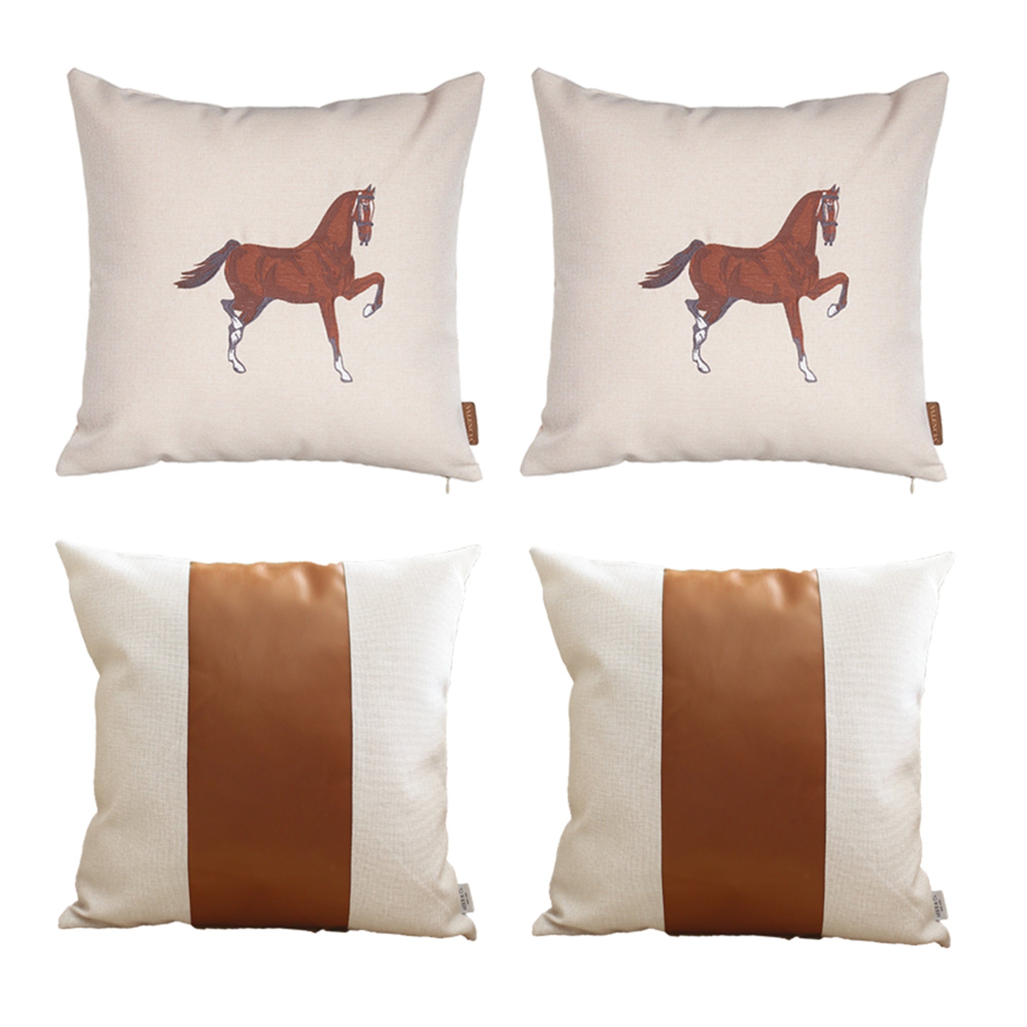 Set Of Four 18" X 18" Beige And Brown Horse Faux Leather Zippered Pillow With Embroidery