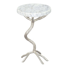 22" Silver Aluminum Twigs And White Marble Round End Table