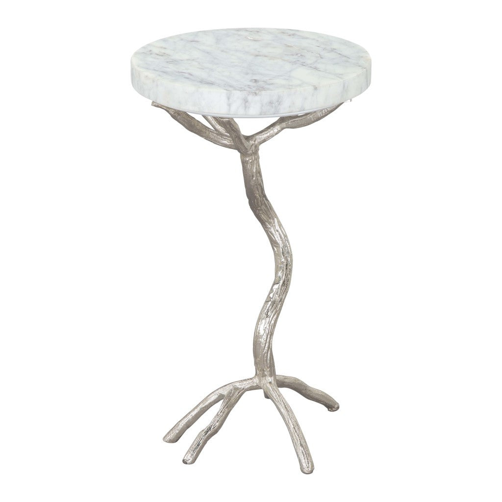 22" Silver Aluminum Twigs And White Marble Round End Table