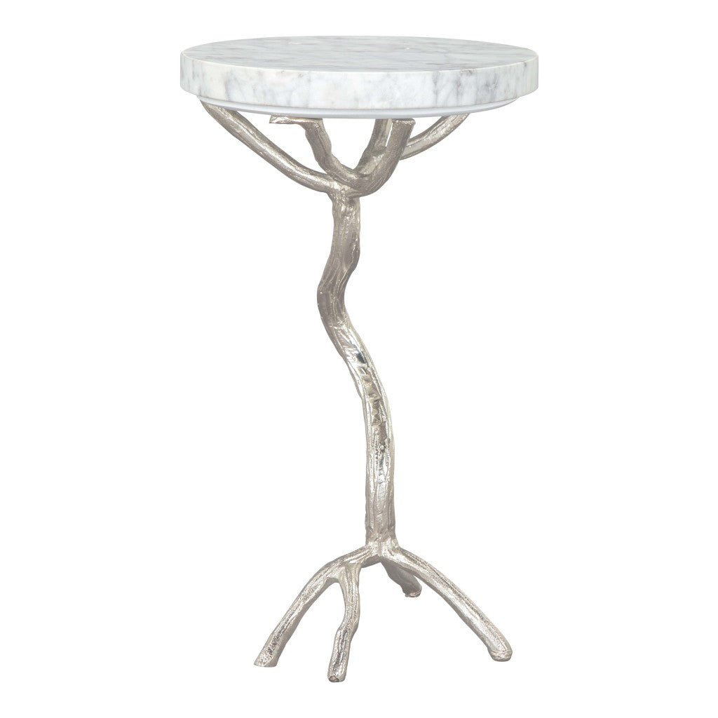 22" Silver Aluminum Twigs And White Marble Round End Table