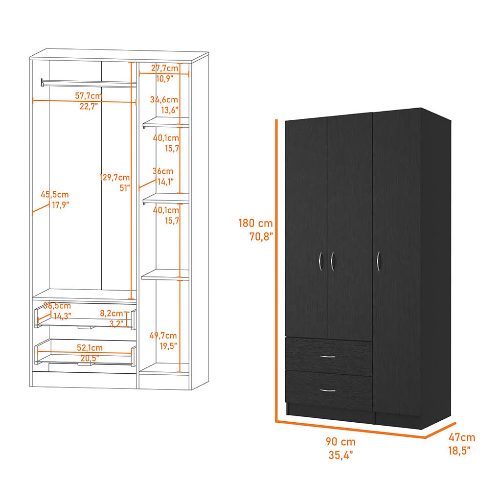 35" Black Two Drawer Combo Dresser