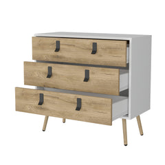 32" White and Natural Three Drawer Dresser