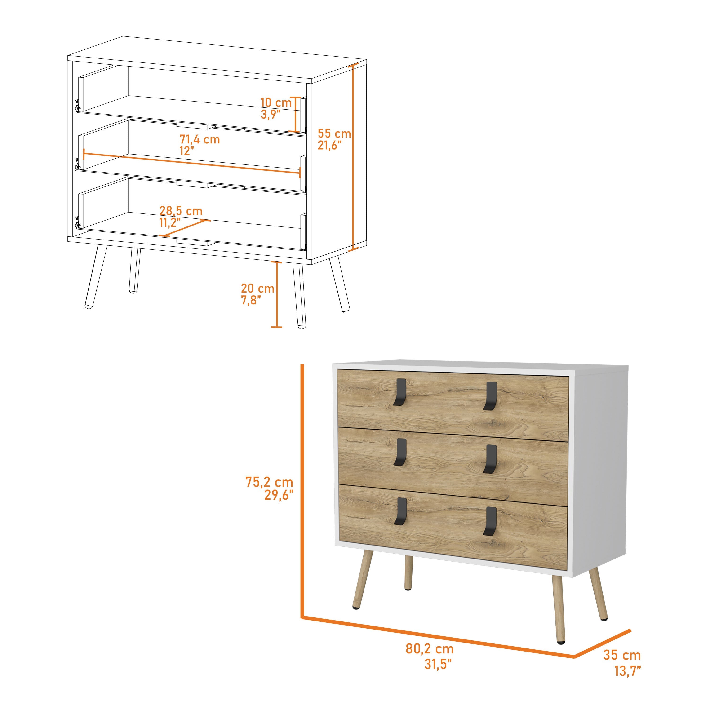 32" White and Natural Three Drawer Dresser