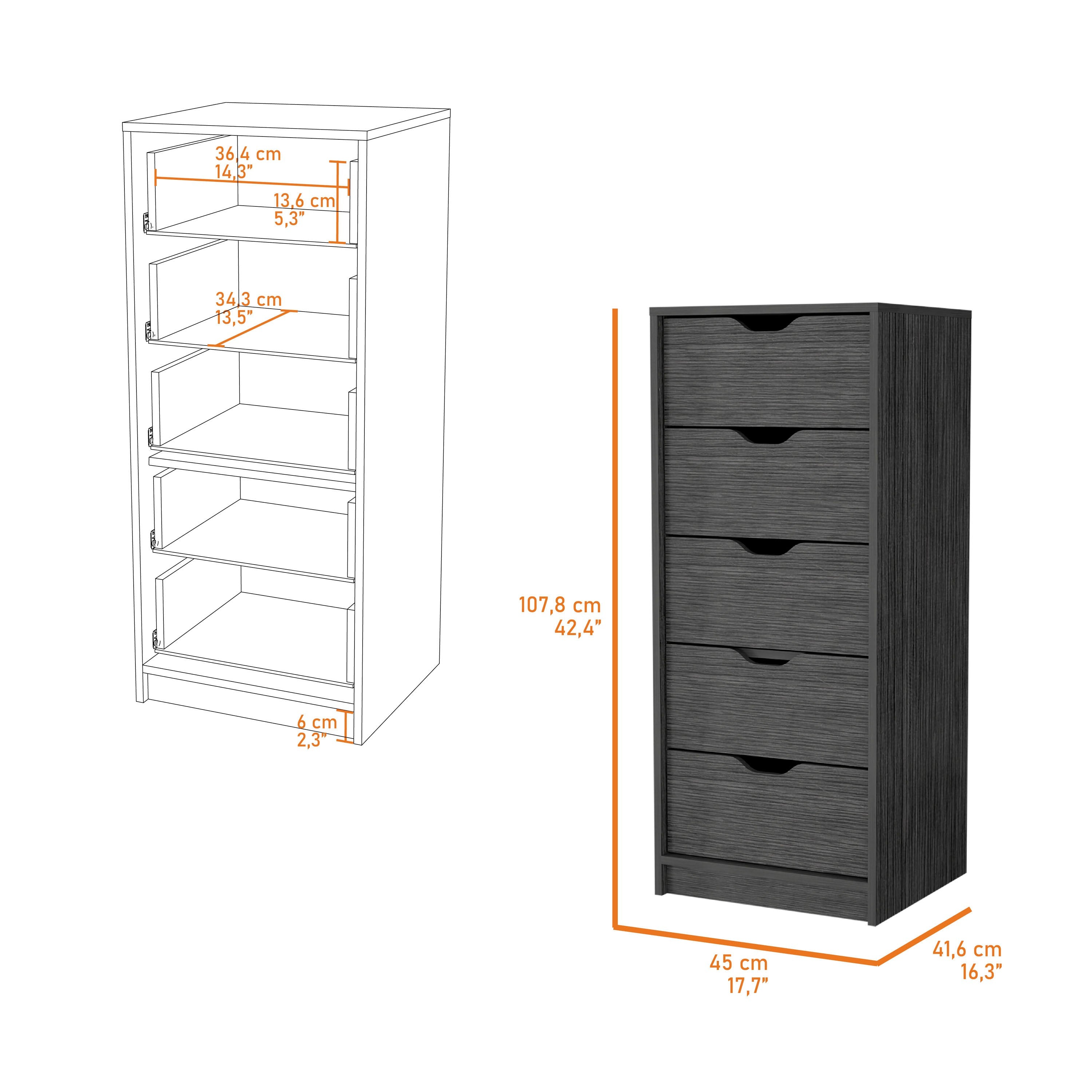 18" Gray Five Drawer Standard Chest