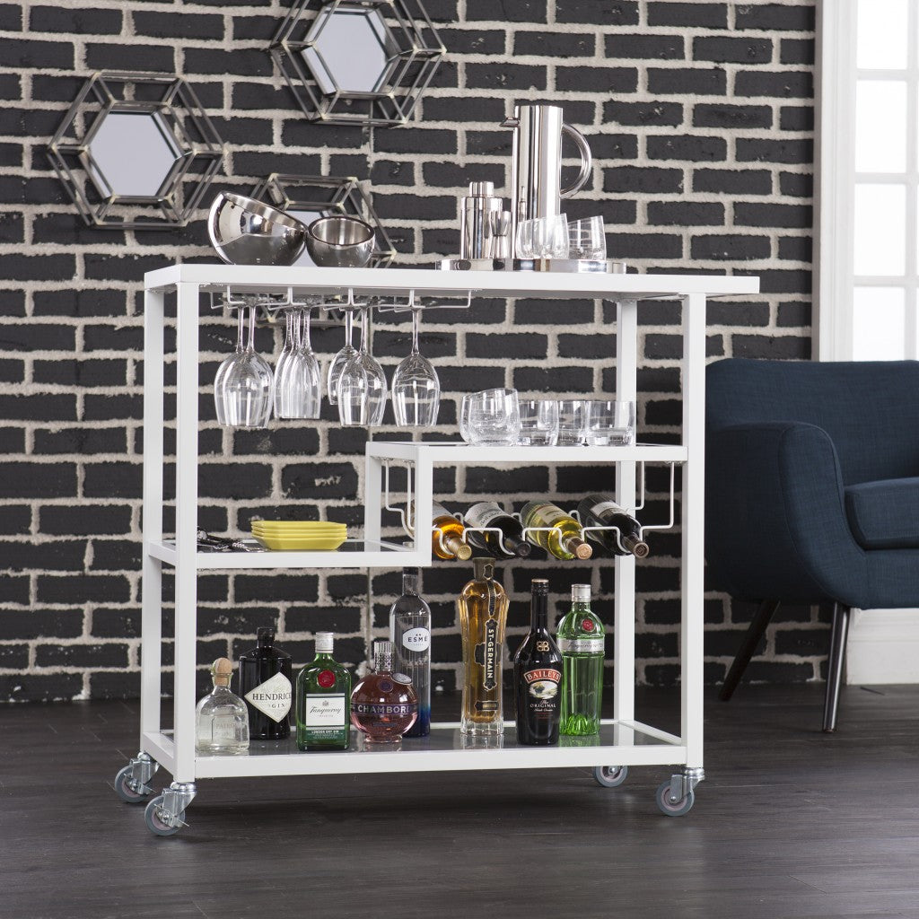 Gray and White Metal And Glass Rolling Bar Cart With Wine Storage