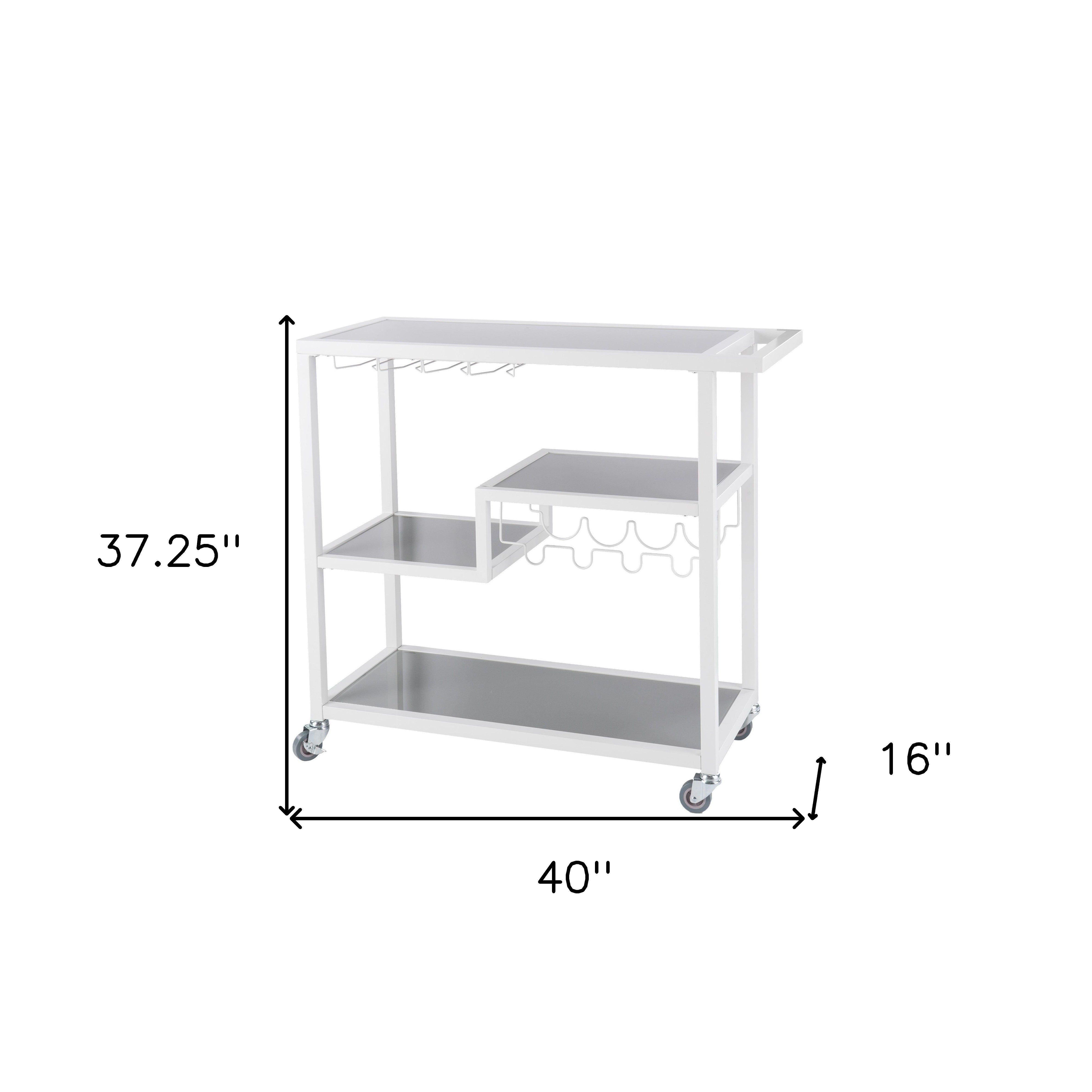 Gray and White Metal And Glass Rolling Bar Cart With Wine Storage