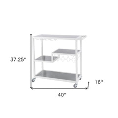 Gray and White Metal And Glass Rolling Bar Cart With Wine Storage