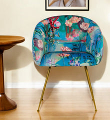 Blue Green And Gold Floral Velvet Dining Arm Chair