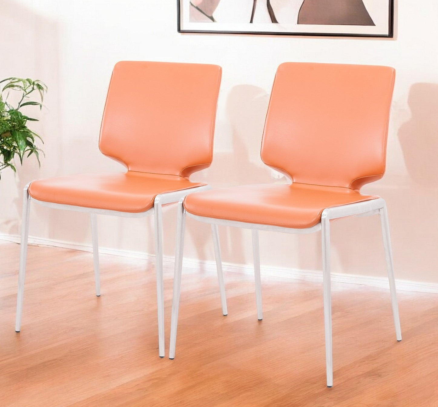 Set of Two Terra Cotta And Silver Upholstered Faux Leather Dining Side Chairs