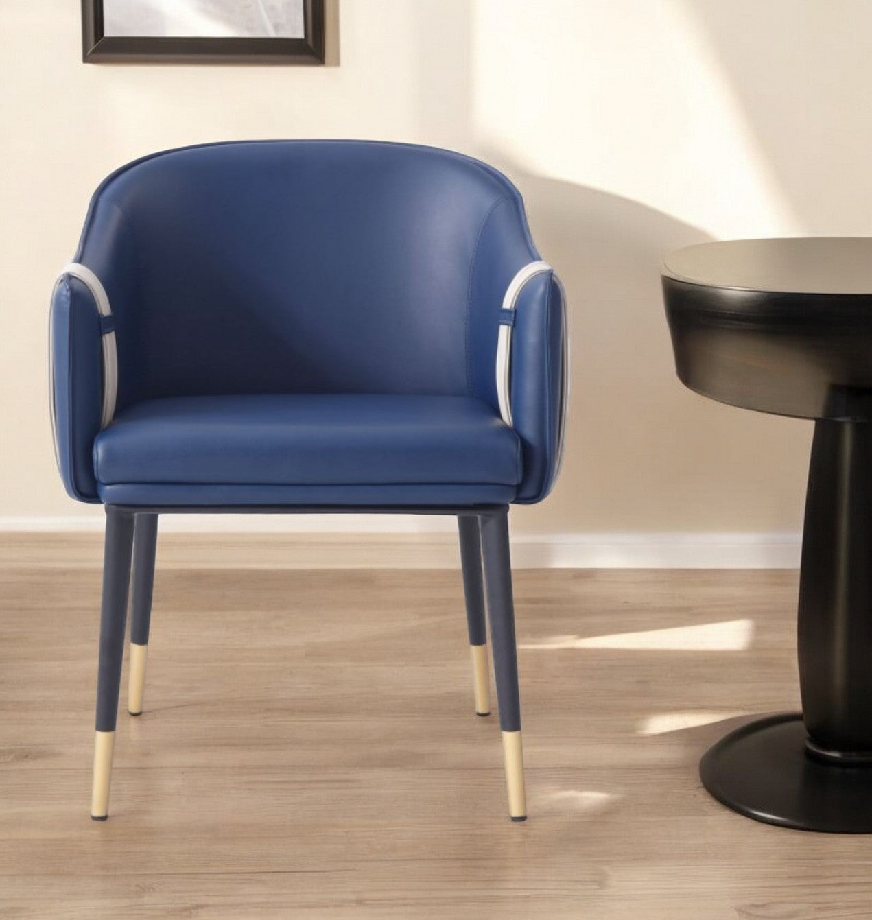 Blue and Beige And Black Upholstered Faux Leather Dining Arm Chair