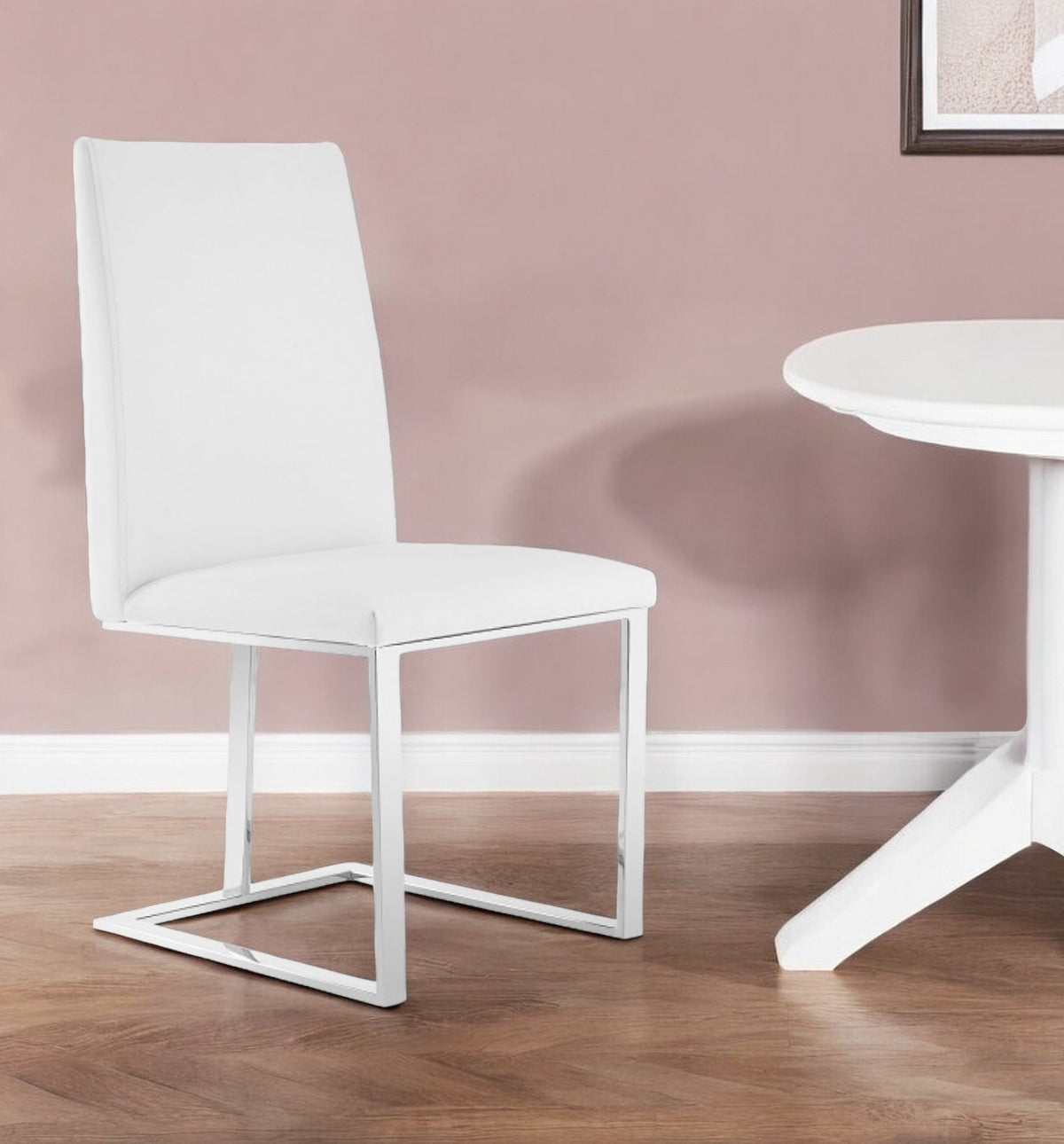 White And Silver Upholstered Faux Leather Dining Side Chair