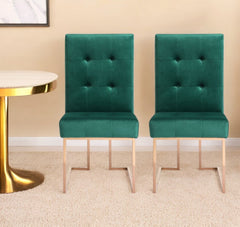 Set of Two Tufted Green And Rose Gold Upholstered Velvet Dining Side Chairs