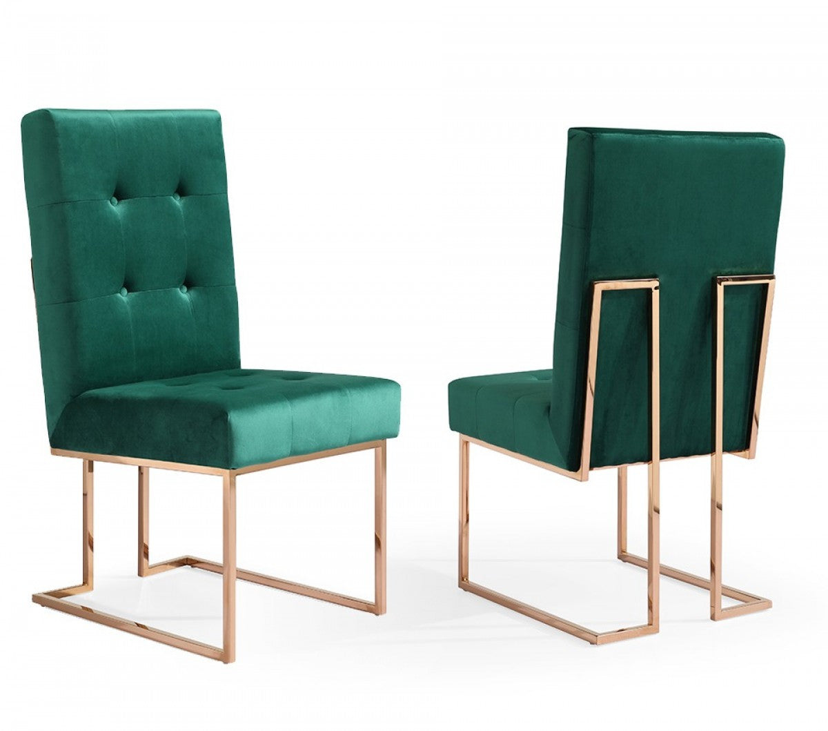 Set of Two Tufted Green And Rose Gold Upholstered Velvet Dining Side Chairs