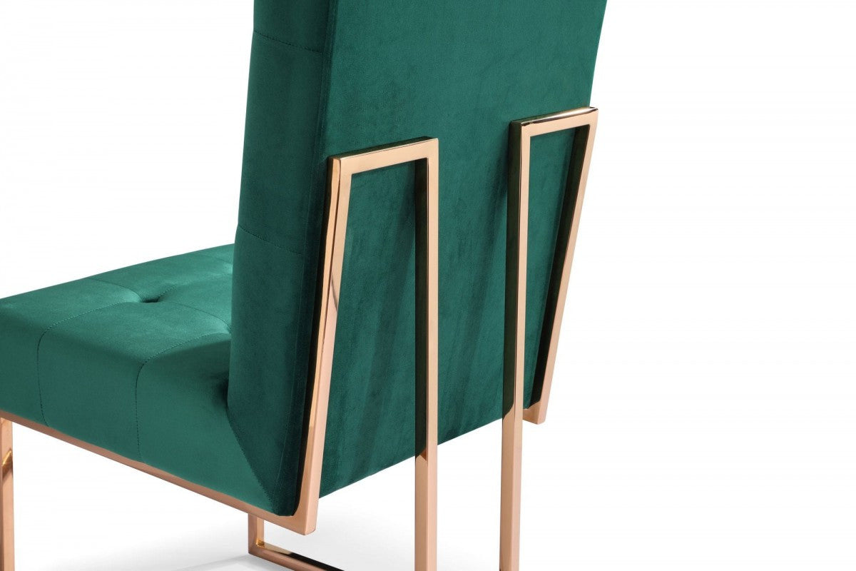 Set of Two Tufted Green And Rose Gold Upholstered Velvet Dining Side Chairs