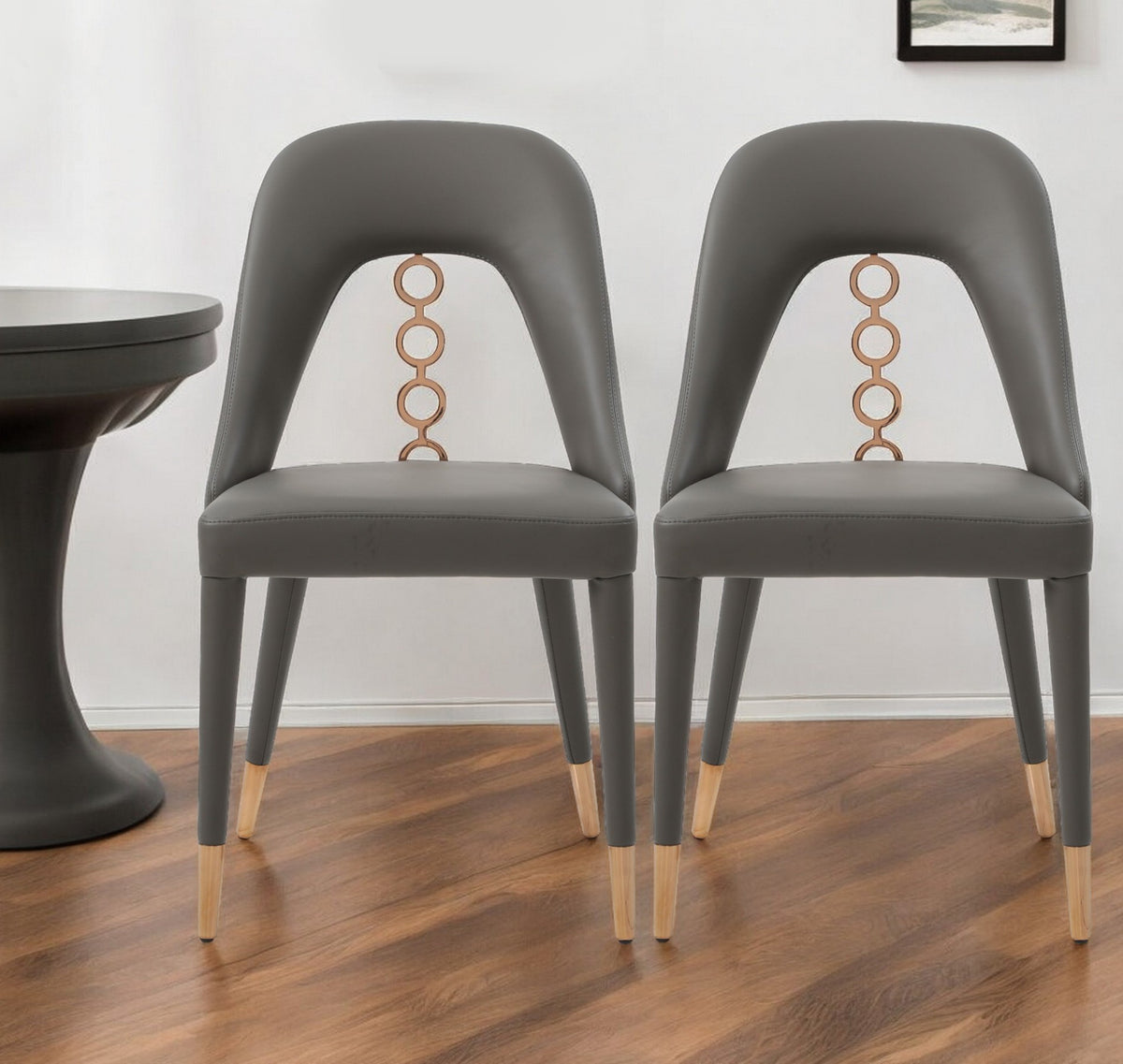 Set of Two Gray Faux Leather Dining Side Chairs With Rose Gold Accents