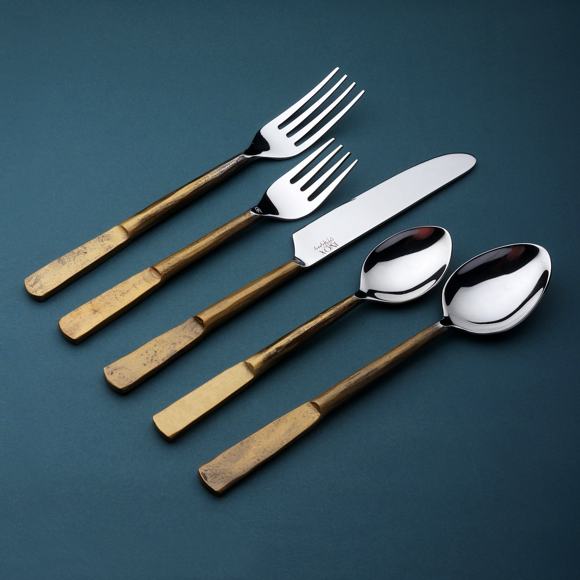 Matte Gold Stainless Steel Five Piece Hand Forged Place Setting