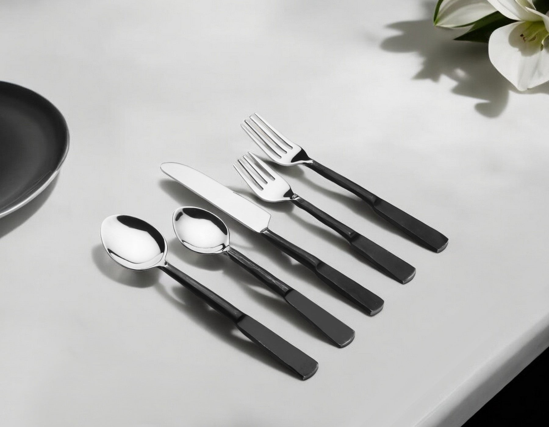 Matte Black Stainless Steel Five Piece Hand Forged Place Setting