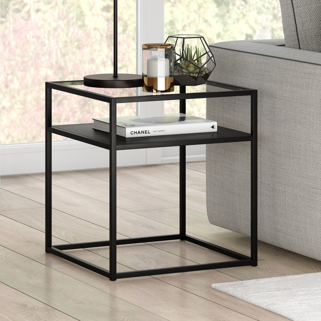 22" Black And Clear Glass And Steel Square End Table With Shelf