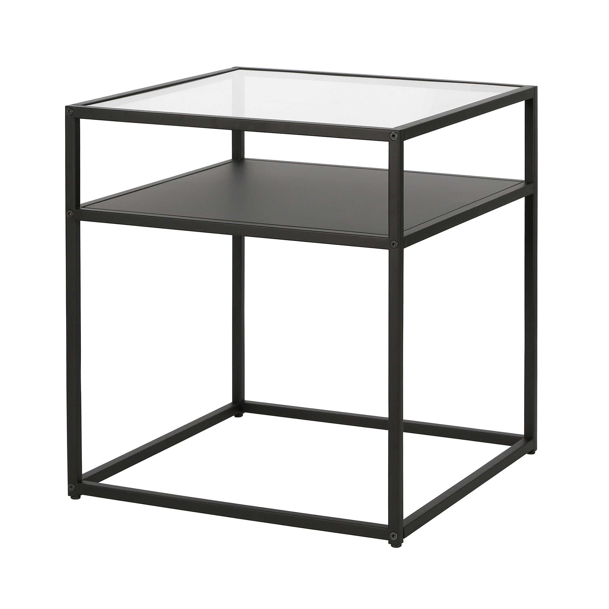 22" Black And Clear Glass And Steel Square End Table With Shelf