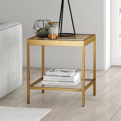 22" Brass And Clear Glass And Steel Square End Table With Shelf