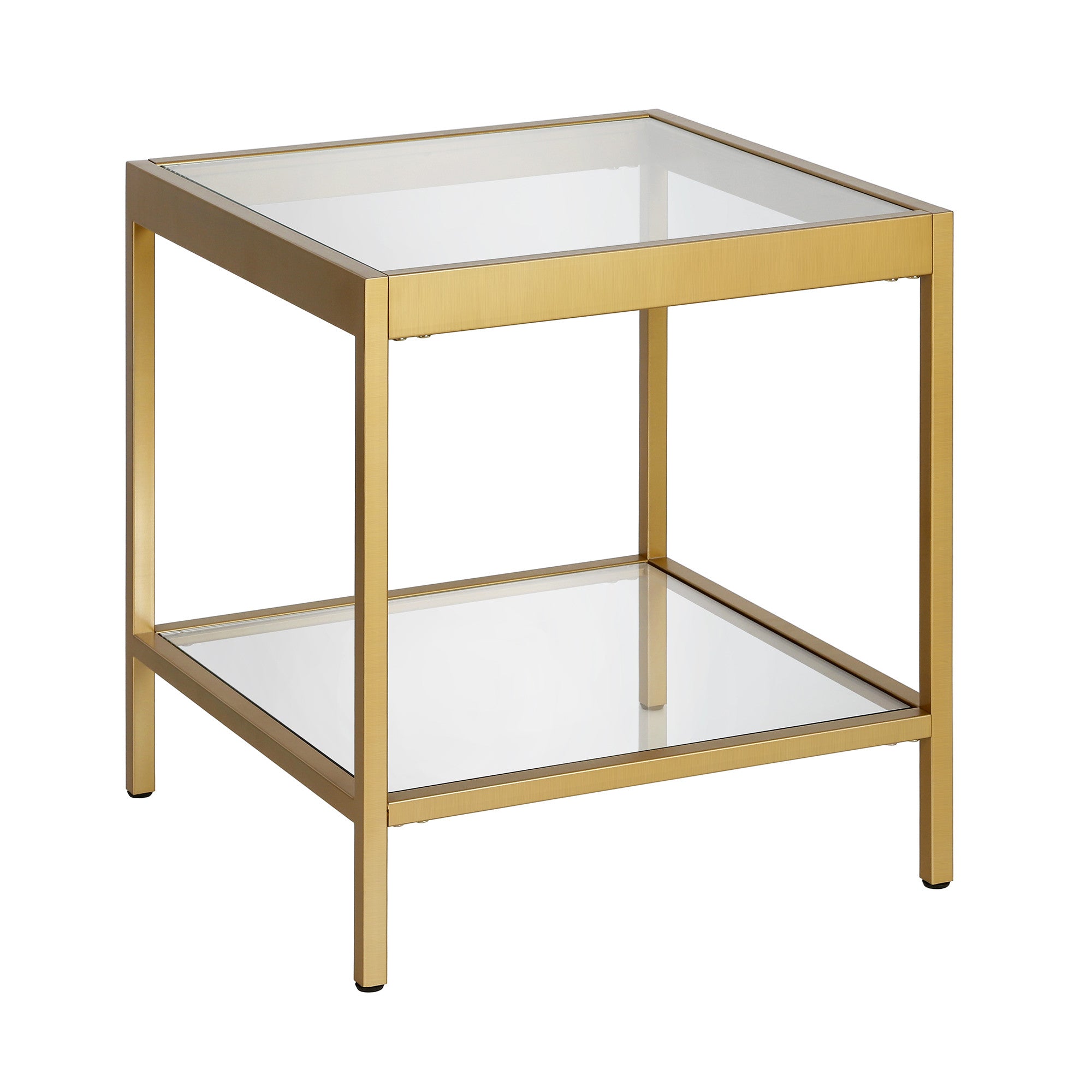 22" Brass And Clear Glass And Steel Square End Table With Shelf