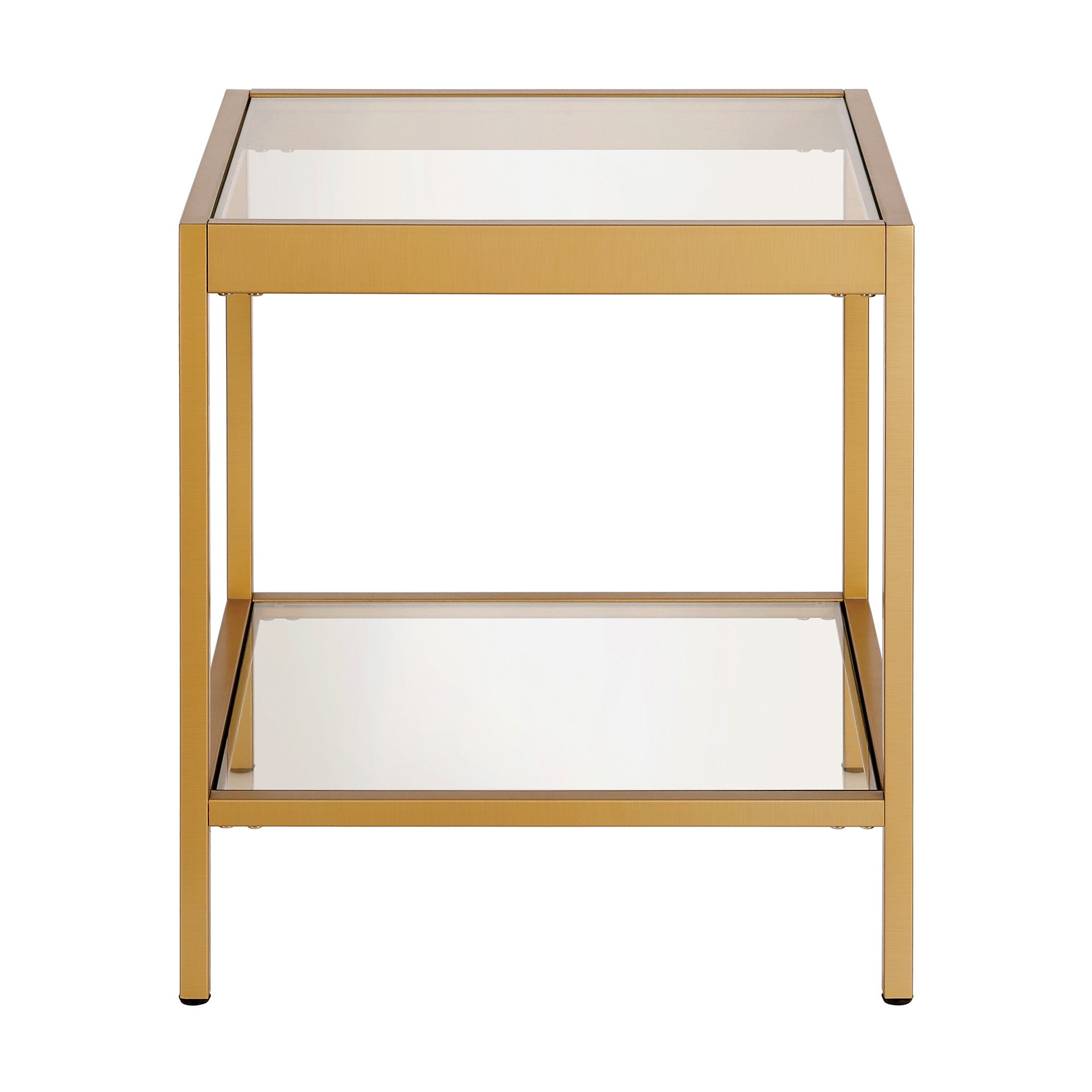 22" Brass And Clear Glass And Steel Square End Table With Shelf