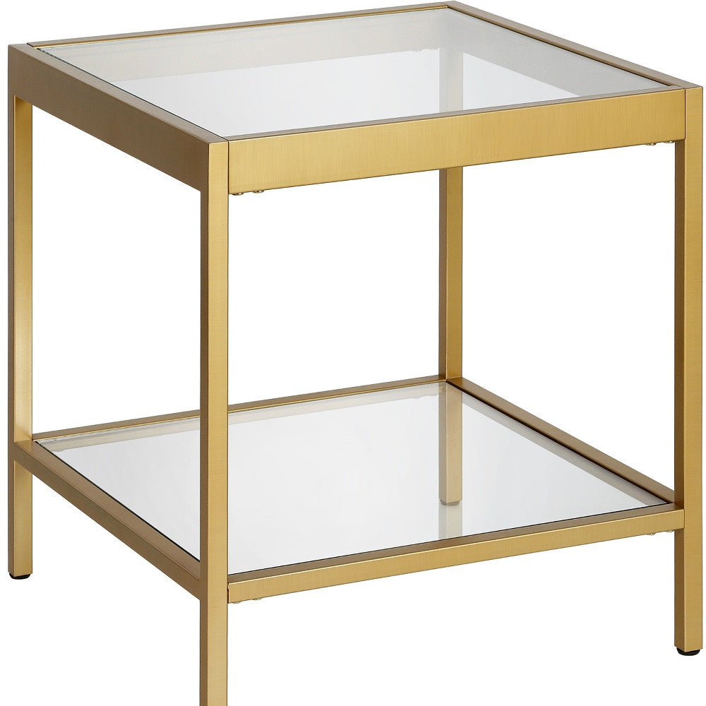 22" Brass And Clear Glass And Steel Square End Table With Shelf