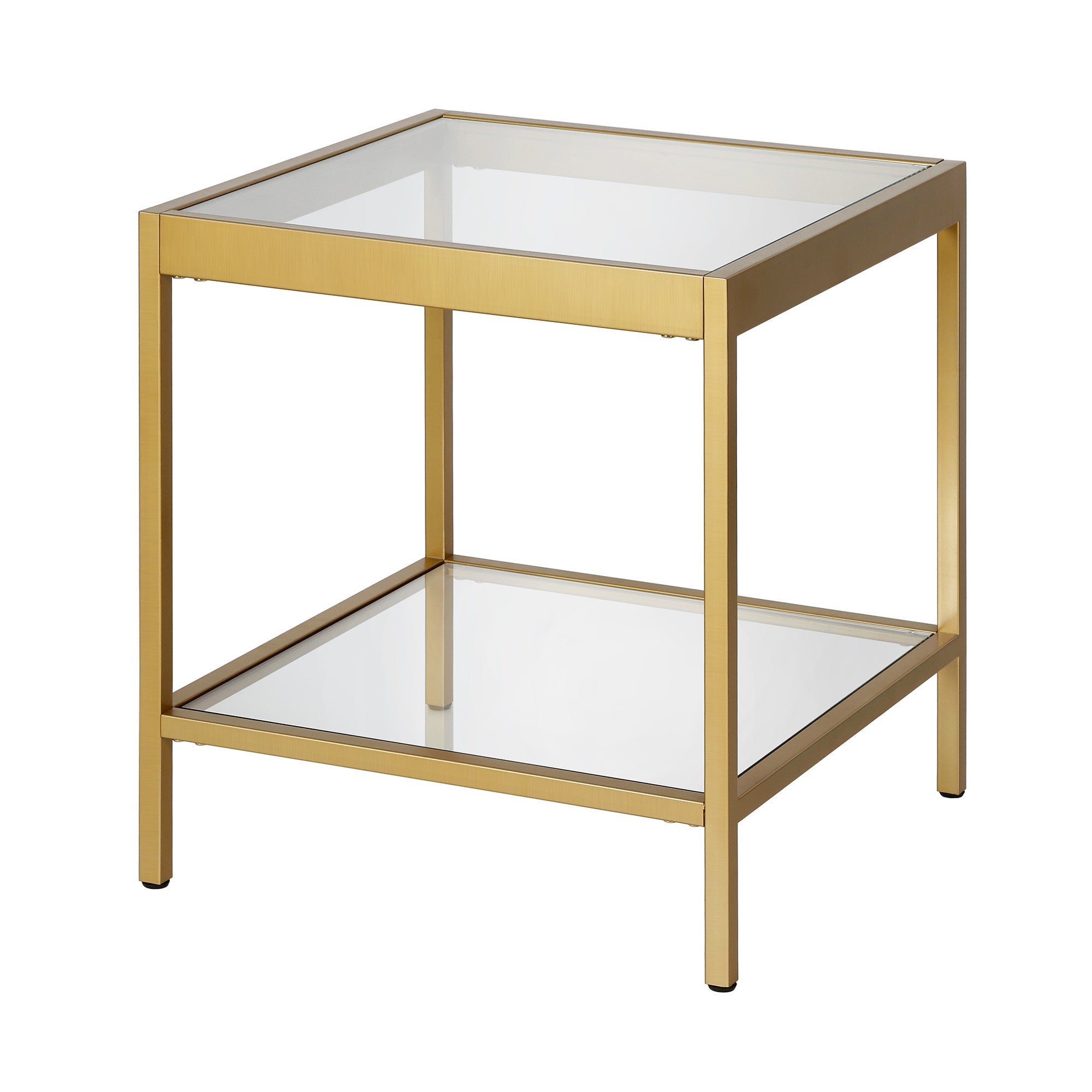 22" Brass And Clear Glass And Steel Square End Table With Shelf