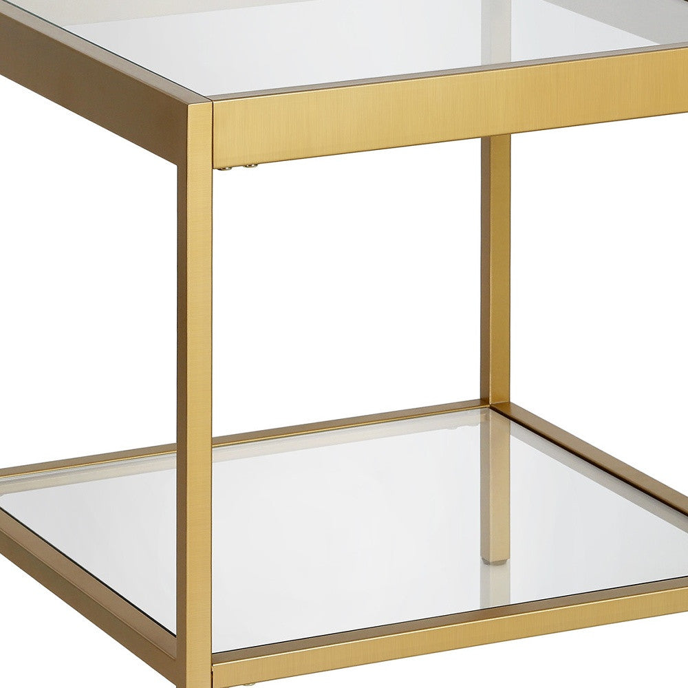 22" Brass And Clear Glass And Steel Square End Table With Shelf