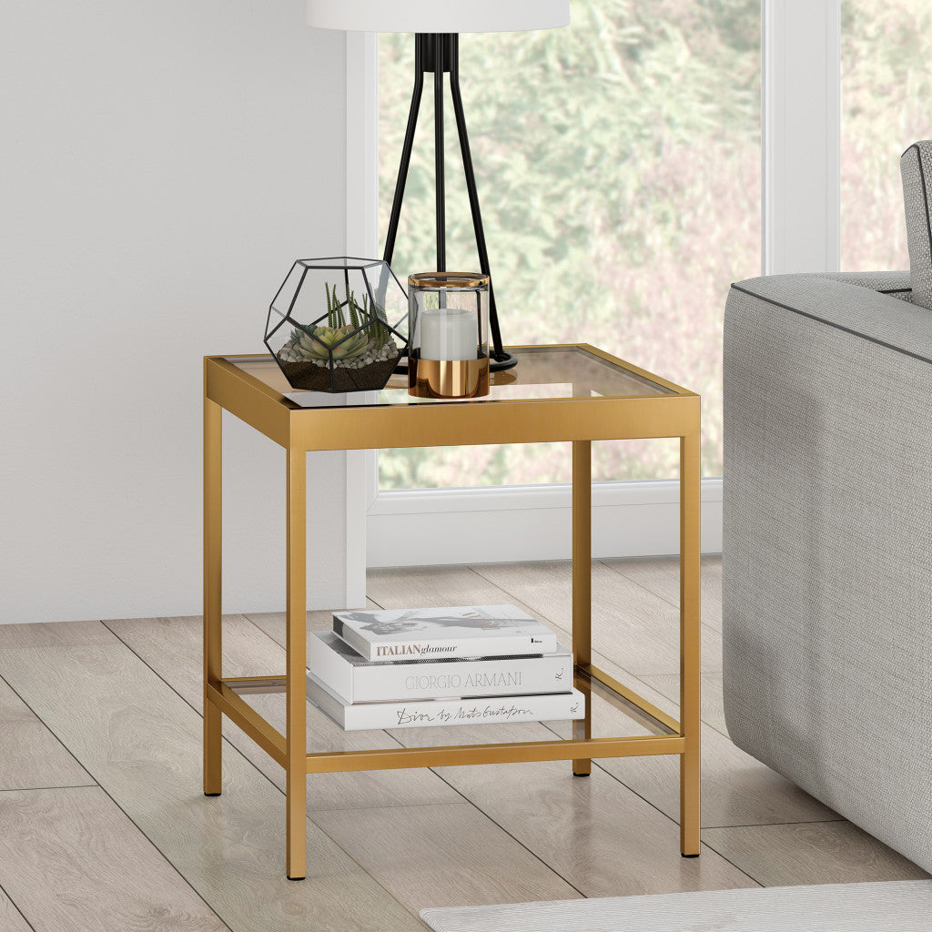 22" Brass And Clear Glass And Steel Square End Table With Shelf