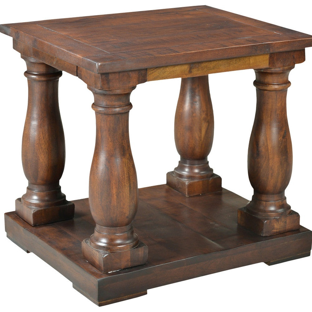 24" Brown Distressed Solid Wood Square End Table With Shelf