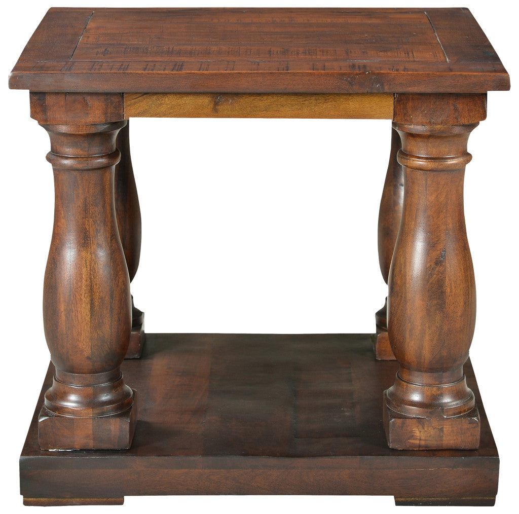 24" Brown Distressed Solid Wood Square End Table With Shelf