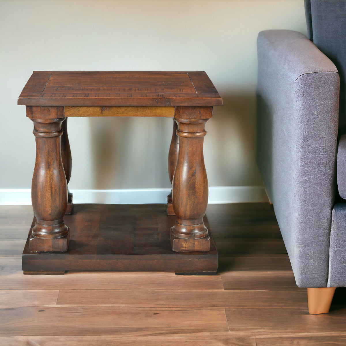 24" Brown Distressed Solid Wood Square End Table With Shelf