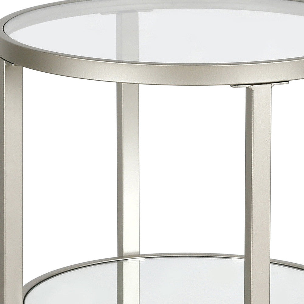 24" Nickel And Clear Glass And Steel Round Mirrored End Table With Shelf